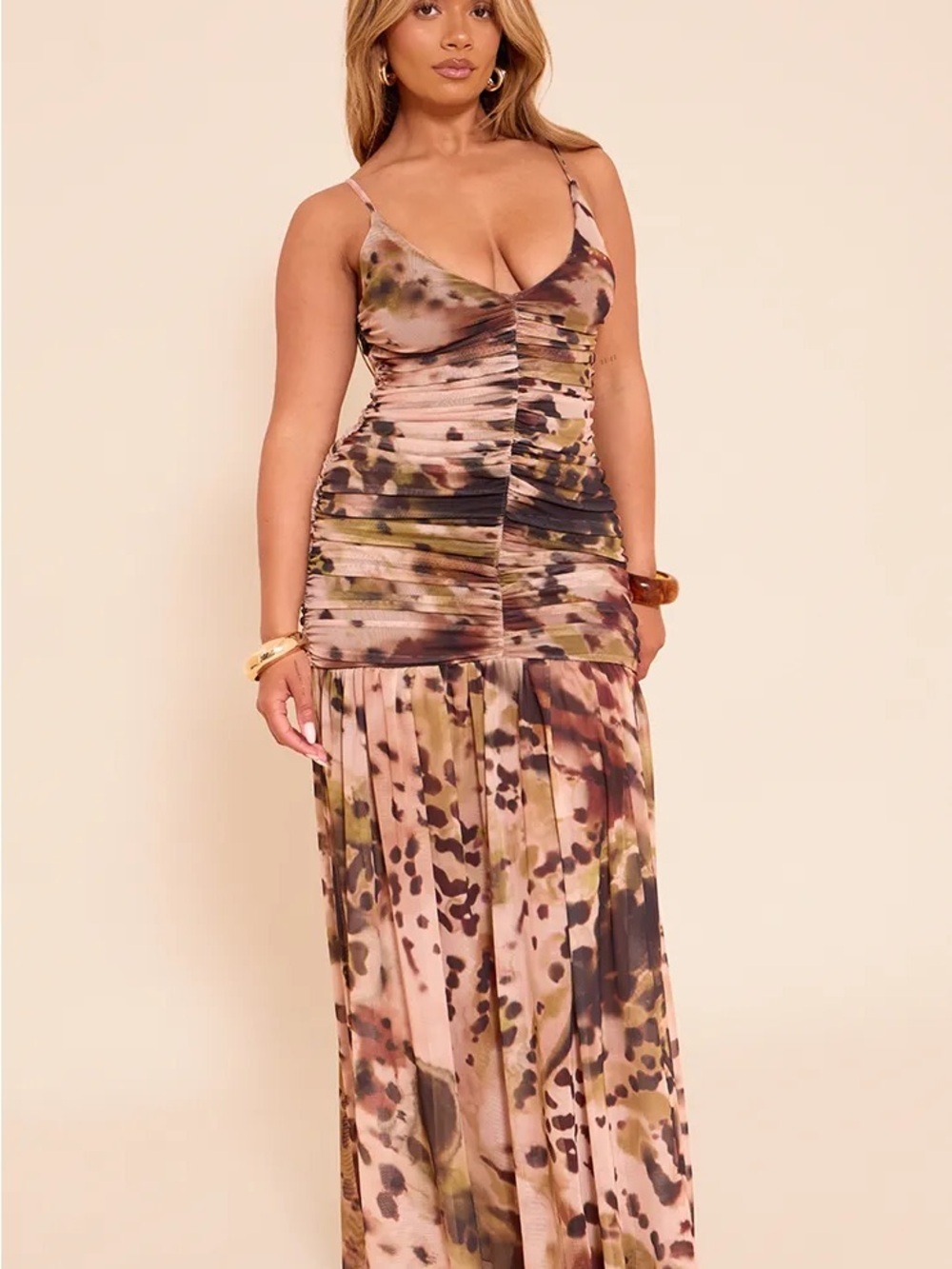PrettyLittleThing Brown & Olive Tie-Dye Ruched Drop Hem Mermaid Maxi Dress-US 4